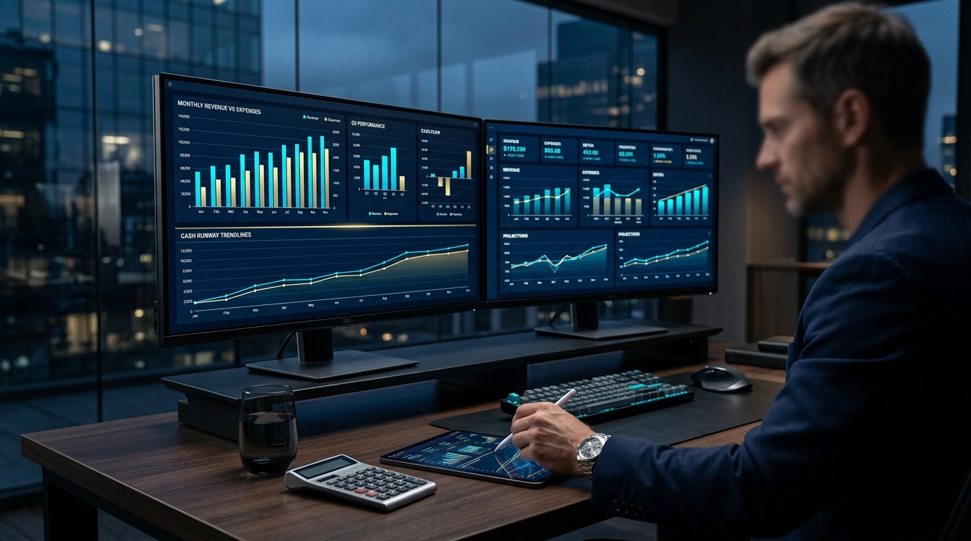 Executive financial workspace with dual monitors displaying automated accounting analytics and cash runway modeling